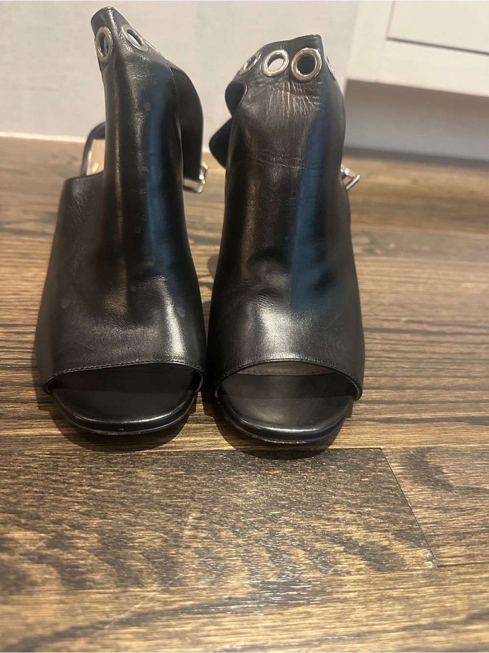 Prada Black Open-Toe Ankle-Heel Sandals with Eyelet Accents